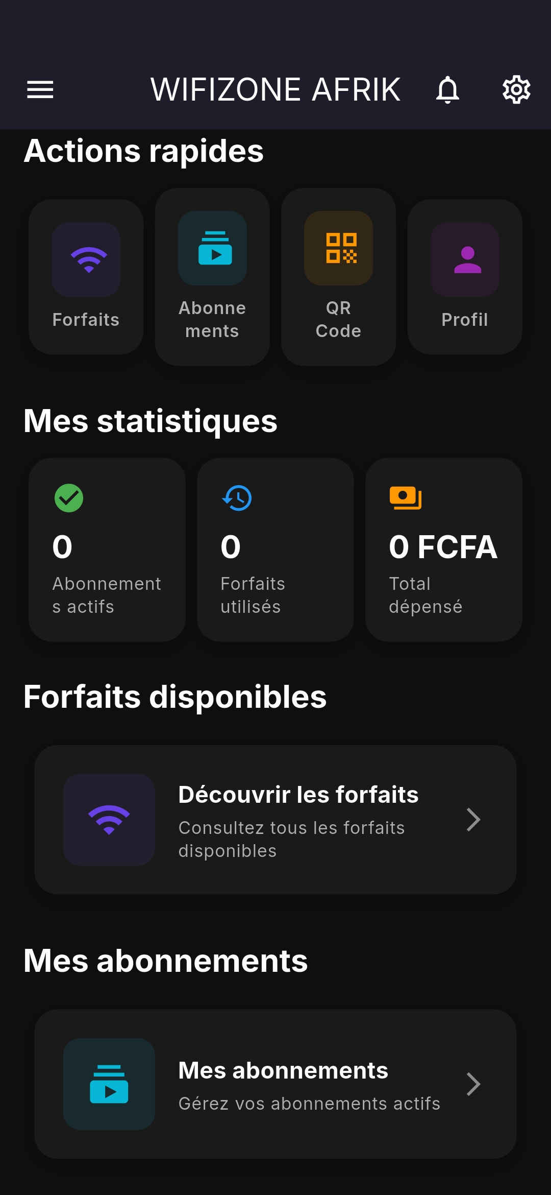 Capture d'écran application Client Wifizone Afrik